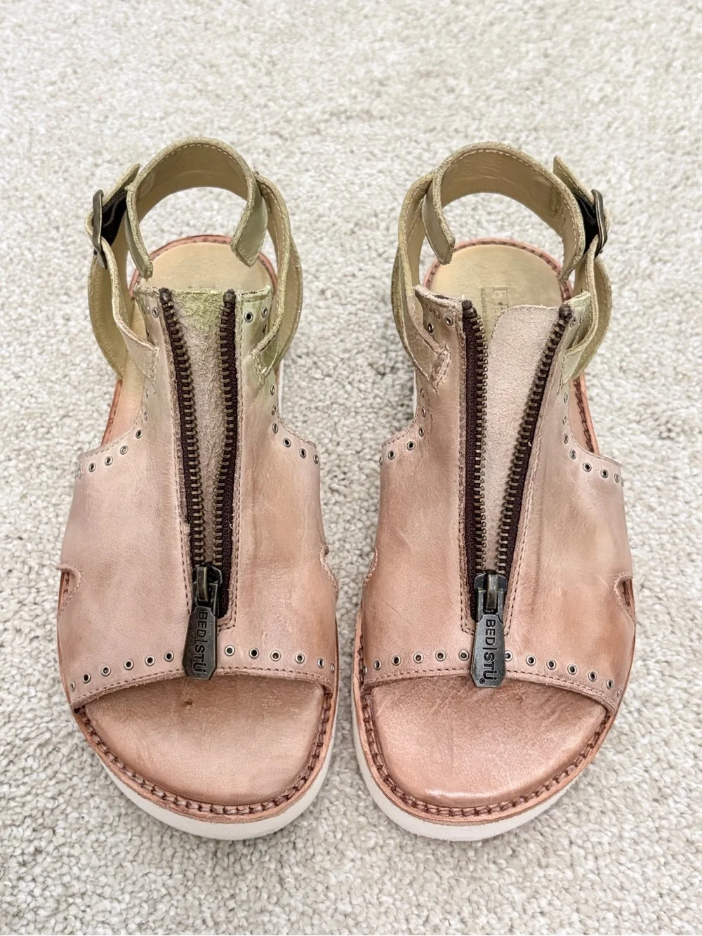 Bed Stu Pink Leather Front-Zip Studded Sandals